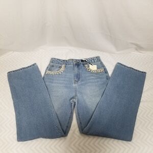 tgla New W/Tags Light Wash Women High Rise Straight Jeans Rhinestone Detail 26